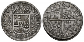 Luis I (1724). 2 reales. 1724. Madrid. A. (Cal-20). Ag. 5,52 g. Toned. Scarce. Choice VF. Est...250,00. 

Spanish Description: Luis I (1724). 2 real...
