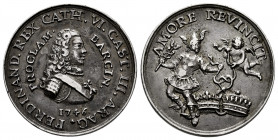 Ferdinand VI (1746-1759). "Proclamation" medal. 1746. Barcelona. (Vives-669). (He-1). Ag. 5,18 g. Molten. 2 real module. Very scarce. Almost XF. Est.....