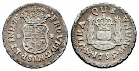 Ferdinand VI (1746-1759). 1/2 real. 1755. Mexico. M. (Cal-83). Ag. 1,50 g. Almost VF. Est...50,00. 

Spanish Description: Fernando VI (1746-1759). 1...