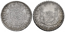 Ferdinand VI (1746-1759). 2 reales. 1760. Mexico. M. (Cal-307). Ag. 6,63 g. Almost VF/Choice F. Est...80,00. 

Spanish Description: Fernando VI (174...