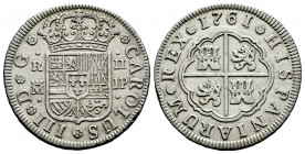 Charles III (1759-1788). 2 reales. 1761. Madrid. JP. (Cal-609). Ag. 5,71 g. Choice VF. Est...60,00. 

Spanish Description: Carlos III (1759-1788). 2...