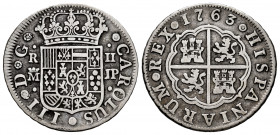 Charles III (1759-1788). 2 reales. 1763. Madrid. JP. (Cal-611). Ag. 5,49 g. Almost VF. Est...55,00. 

Spanish Description: Carlos III (1759-1788). 2...