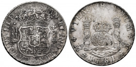 Charles III (1759-1788). 8 reales. 1761. Mexico. MM. (Cal-1075). Ag. 27,09 g. Cross between H and I. Minor nick on edge. Toned. Almost XF. Est...500,0...