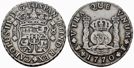 Charles III (1759-1788). 8 reales. 1770. Potosí. JR. (Cal-1168). Ag. 26,96 g. Cleaned. Plugged hole.  Almost VF. Est...300,00.

Spanish Description:...