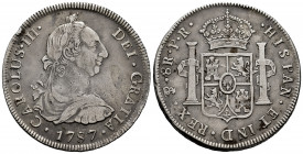 Charles III (1759-1788). 8 reales. 1787. Potosí. PR. (Cal-1193). Ag. 26,60 g. Slight cleaned surfacel rust. Knock on edge. Almost VF. Est...80,00. 
...
