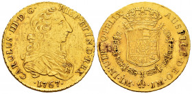 Charles III (1759-1788). 8 escudos. 1767. Lima. JM. (Cal-1920). (Cal onza-681). Au. 26,88 g. "Rat nose" first type. Cleaned. Welding repaired on rever...