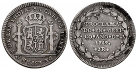 Charles IV (1788-1808). Proclamation with value 2 reales. 1789. Mexico. (Ha-163 var). Ag. 6,51 g. 28 mm. Rare. Ex Jordana de Pozas Collection. Not inc...