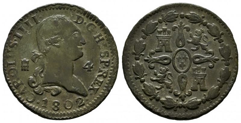 Charles IV (1788-1808). 4 maravedis. 1802. Segovia. (Cal-56). Ae. 5,02 g. Choice...