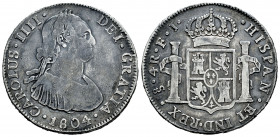 Charles IV (1788-1808). 4 reales. 1804. Santiago. FJ. (Cal-864). Ag. 13,20 g. Scarce. Choice F/Almost VF. Est...180,00. 

Spanish Description: Carlo...