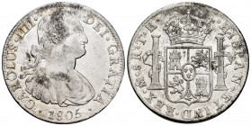 Charles IV (1788-1808). 8 reales. 1805. Mexico. TH. (Cal-983). Ag. 26,80 g. Cleaned. Choice F/VF. Est...60,00. 

Spanish Description: Carlos IV (178...