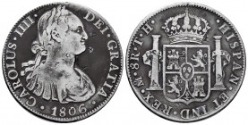Charles IV (1788-1808). 8 reales. 1806. Mexico. TH. (Cal-984). Ag. 26,43 g. Small chop marks. Choice F. Est...60,00. 

Spanish Description: Carlos I...