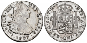 Charles IV (1788-1808). 8 reales. 1807. Mexico. TH. (Cal-986). Ag. 26,88 g. Cleaned. Choice F. Est...50,00. 

Spanish Description: Carlos IV (1788-1...