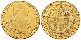 Charles IV (1788-1808). 8 escudos. 1802. Madrid. FA. (Cal-1621). (Cal onza-1012 var). Au. 26,91 g. Without dot behind FELIX neither before AUSPICE. Kn...