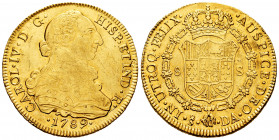 Charles IV (1788-1808). 8 escudos. 1789. Santiago. DA. (Cal-1751). (Cal onza-1151). Au. 26,90 g. Bust of Charles III and Ordinal IV. Slightly cleaned ...