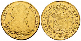 Charles IV (1788-1808). 8 escudos. 1808. Santiago. FJ. (Cal-1782). (Cal onza-1185). Au. 26,97 g. Bust of Charles III. Removed from Jewelry. VF. Est......