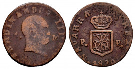 Ferdinand VII (1808-1833). 1 maravedi. 1830. Pamplona. (Cal-39). Ae. 1,62 g. F/Choice F. Est...20,00. 

Spanish Description: Fernando VII (1808-1833...