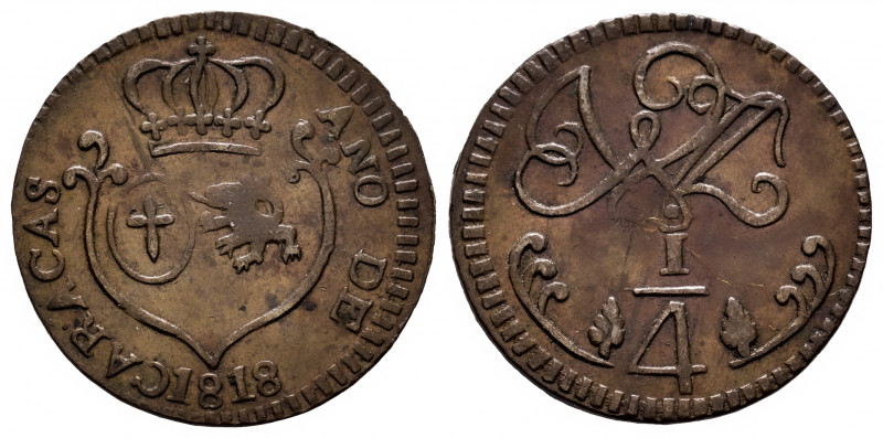 Ferdinand VII (1808-1833). 1/4 real. 1818. Caracas. (Cal-68). Ae. 2,73 g. A good...