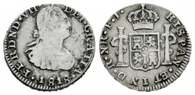 Ferdinand VII (1808-1833). 1/2 real. 1818. Santa Fe de Nuevo Reino. FJ. (Cal-447). (Restrepo-106.9). Ag. 1,62 g. Bust of Charles IV. Rare. Choice F/Al...