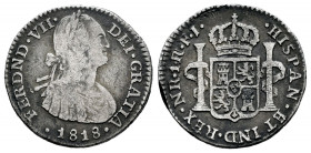 Ferdinand VII (1808-1833). 1 real. 1818. Santa Fe de Nuevo Reino. FJ. (Cal-656). (Restrepo-111.13). Ag. 3,15 g. Bust of Charles IV. Rare. Almost VF. E...