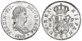 Ferdinand VII (1808-1833). 2 reales. 1810. Cadiz. CI. (Cal-725). Ag. 5,84 g. Surface scratches. It retains some minor luster. Almost XF/XF. Est...120,...