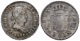 Ferdinand VII (1808-1833). 2 reales. 1811. Cadiz. CI. (Cal-726). Ag. 5,84 g. Lightly toned. Choice VF. Est...90,00. 

Spanish Description: Fernando ...