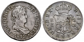 Ferdinand VII (1808-1833). 2 reales. 1812. Cadiz. CI. (Cal-727). Ag. 5,80 g. VF. Est...80,00. 

Spanish Description: Fernando VII (1808-1833). 2 rea...