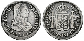 Ferdinand VII (1808-1833). 2 reales. 1810. Santiago. FJ. (Cal-940). Ag. 6,78 g. Admiral bust. Scarce. Almost VF. Est...120,00. 

Spanish Description...