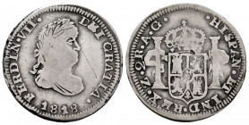 Ferdinand VII (1808-1833). 2 reales. 1818. Zacatecas. AG. (Cal-1008). Ag. 5,95 g. First-year laureate bust. Hairline on obverse. Scarce. Choice F. Est...