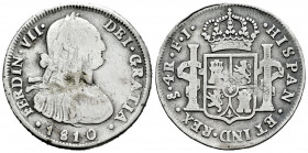 Ferdinand VII (1808-1833). 4 reales. 1810. Santiago. FJ. (Cal-1117). Ag. 12,90 g. Bust of Charles IV. Repaired welding on obverse. Scarce. F/Choice F....