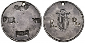 Ferdinand VII (1808-1833). 30 sous. 1808. Mallorca. (Cal-1291). Ag. 26,54 g. Curious countermarks in reverse E. - R. on both sides of the shield. Hole...