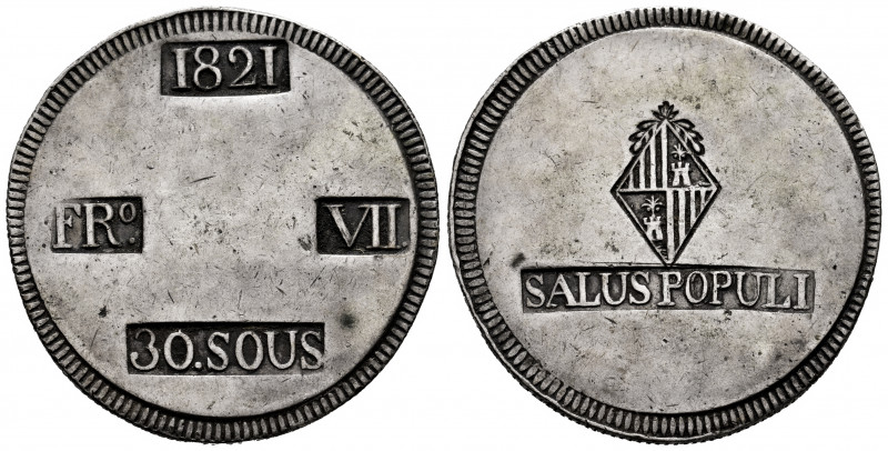 Ferdinand VII (1808-1833). 30 sous. 1821. Mallorca. (Cal-1293). Ag. 26,76 g. Sli...