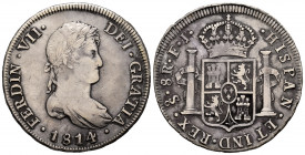 Ferdinand VII (1808-1833). 8 reales. 1814. Santiago. FJ. (Cal-1407). Ag. 27,05 g. Cleaned obverse. Soft tone. Very scarce. VF. Est...700,00. 

Spani...