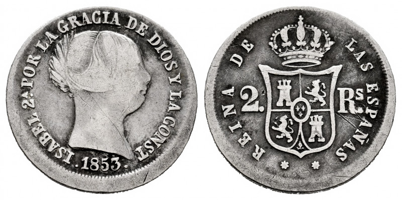 Elizabeth II (1833-1868). 2 reales. 1853. Sevilla. (Cal-391). Ag. 2,49 g. Error ...