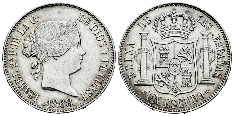 Elizabeth II (1833-1868). 1 escudo. 1868 *18-68. Madrid. (Cal-567). Ag. 13,02 g....