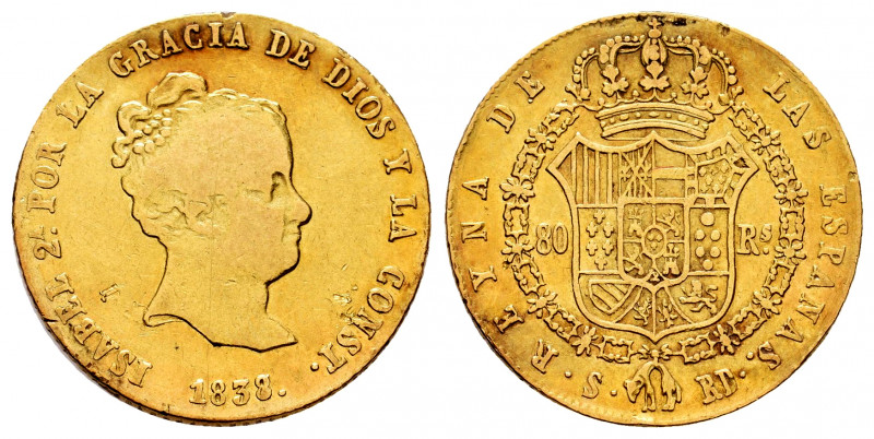 Elizabeth II (1833-1868). 80 reales. 1838/7. Sevilla. RD. (Cal-741). Au. 6,69 g....