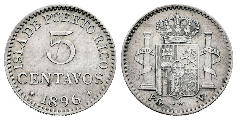 Centenary of the Peseta (1868-1931). Alfonso XIII (1886-1931). 5 centavos. 1896....