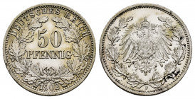Germany. 50 pfennig. 1902. Stuttgart. F. (Km-15). Ag. 2,79 g. Very scarce. XF. Est...180,00. 

Spanish Description: Alemania. 50 pfennig. 1902. Stut...