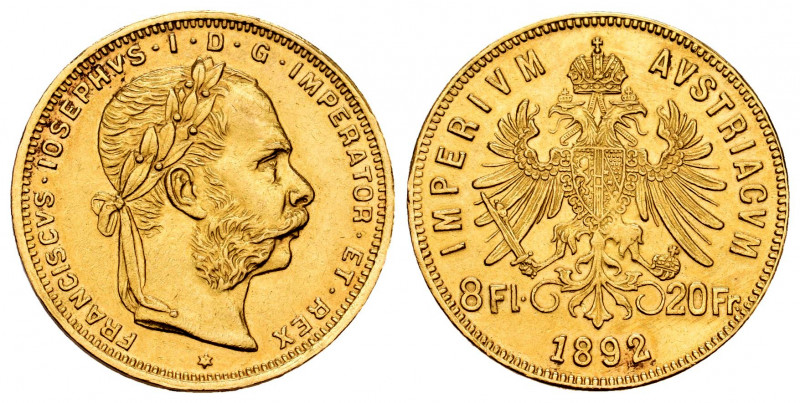 Austria. Franz Joseph I. 8 florins - 20 francs. 1892. (Km-2269). (Fr-502R). Au. ...