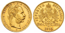 Austria. Franz Joseph I. 8 florins - 20 francs. 1892. (Km-2269). (Fr-502R). Au. 6,44 g. Official re-struck. XF. Est...320,00. 

Spanish Description:...