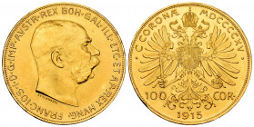 Austria. Franz Joseph I. 100 corona. 1915. (Km-2819). (Fr-507R). Au. 33,87 g. Official re-struck. Minor nicks on edge. Original luster. Mint state. Es...