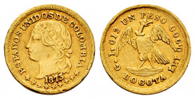 Colombia. 1 peso. 1873. Bogotá. (Km-157.2). Au. 1,54 g. Scarce. VF. Est...200,00. 

Spanish Description: Colombia. 1 peso. 1873. Bogotá. (Km-157.2)....