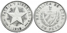 Cuba. 1 peso. 1915. (Km-15.1). Ag. 26,58 g. Scratch on obverse. Choice VF. Est...40,00. 

Spanish Description: Cuba. 1 peso. 1915. (Km-15.1). Ag. 26...