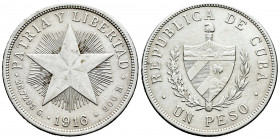 Cuba. 1 peso. 1916. (Km-15.2). Ag. 26,68 g. Choice VF. Est...40,00. 

Spanish Description: Cuba. 1 peso. 1916. (Km-15.2). Ag. 26,68 g. MBC+. Est...4...