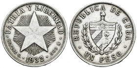 Cuba. 1 peso. 1932. (Km-15.2). Ag. 26,63 g. Choice VF. Est...40,00. 

Spanish Description: Cuba. 1 peso. 1932. (Km-15.2). Ag. 26,63 g. MBC+. Est...4...