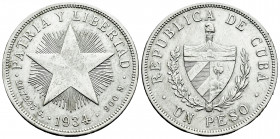 Cuba. 1 peso. 1934. (Km-15.2). Ag. 26,73 g. Choice VF. Est...45,00. 

Spanish Description: Cuba. 1 peso. 1934. (Km-15.2). Ag. 26,73 g. MBC+. Est...4...
