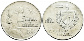 Cuba. 1 peso. 1936. (Km-22). Ag. 26,77 g. Almost XF/Choice VF. Est...70,00. 

Spanish Description: Cuba. 1 peso. 1936. (Km-22). Ag. 26,77 g. EBC-/MB...