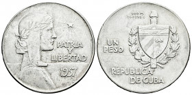 Cuba. 1 peso. 1937. (Km-22). Ag. 26,71 g. Slight planchet flaw on obverse. Rare. Almost XF. Est...700,00. 

Spanish Description: Cuba. 1 peso. 1937....