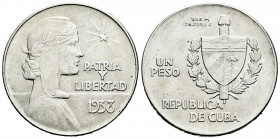 Cuba. 1 peso. 1938. (Km-22). Ag. 26,77 g. Minor marks on obverse. Choice VF. Est...50,00. 

Spanish Description: Cuba. 1 peso. 1938. (Km-22). Ag. 26...