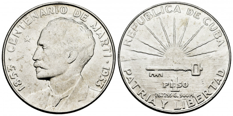 Cuba. 1 peso. 1953. (Km-29). Ag. 26,70 g. Centennial of Jose Marti. AU. Est...40...