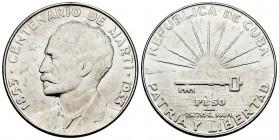 Cuba. 1 peso. 1953. (Km-29). Ag. 26,70 g. Centennial of Jose Marti. AU. Est...40,00. 

Spanish Description: Cuba. 1 peso. 1953. (Km-29). Ag. 26,70 g...
